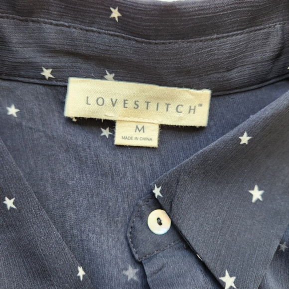 Lovestitch Star Print Black White Long Sleeve Sheer Blouse Top Button Medium - Picture 4 of 15